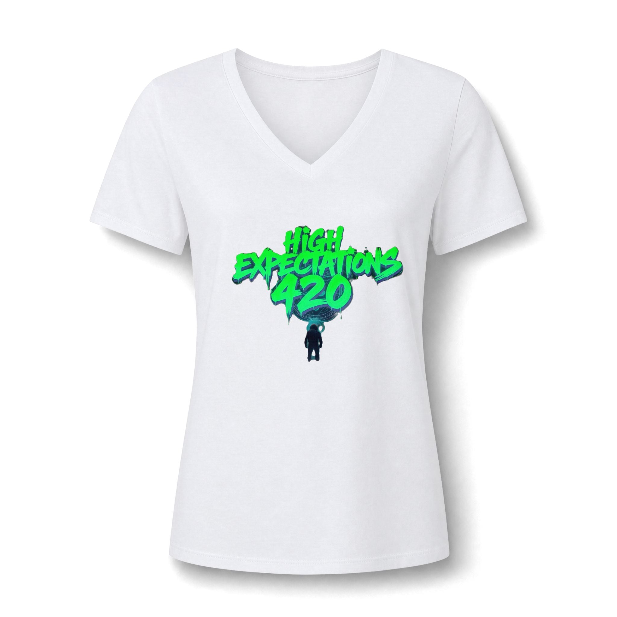 Women's V-Neck Tee — "High Expectations 420" Graphic Shirt