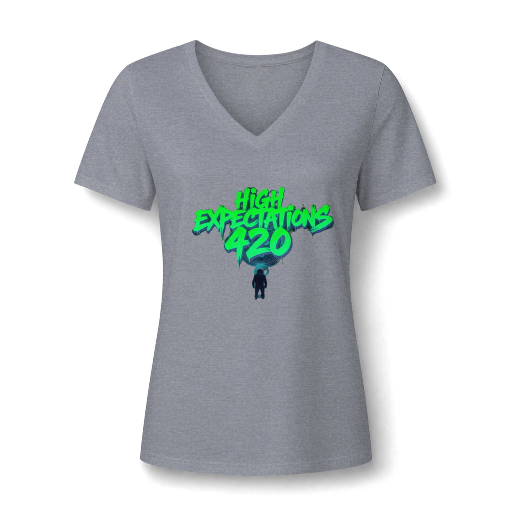 Women's V-Neck Tee — "High Expectations 420" Graphic Shirt