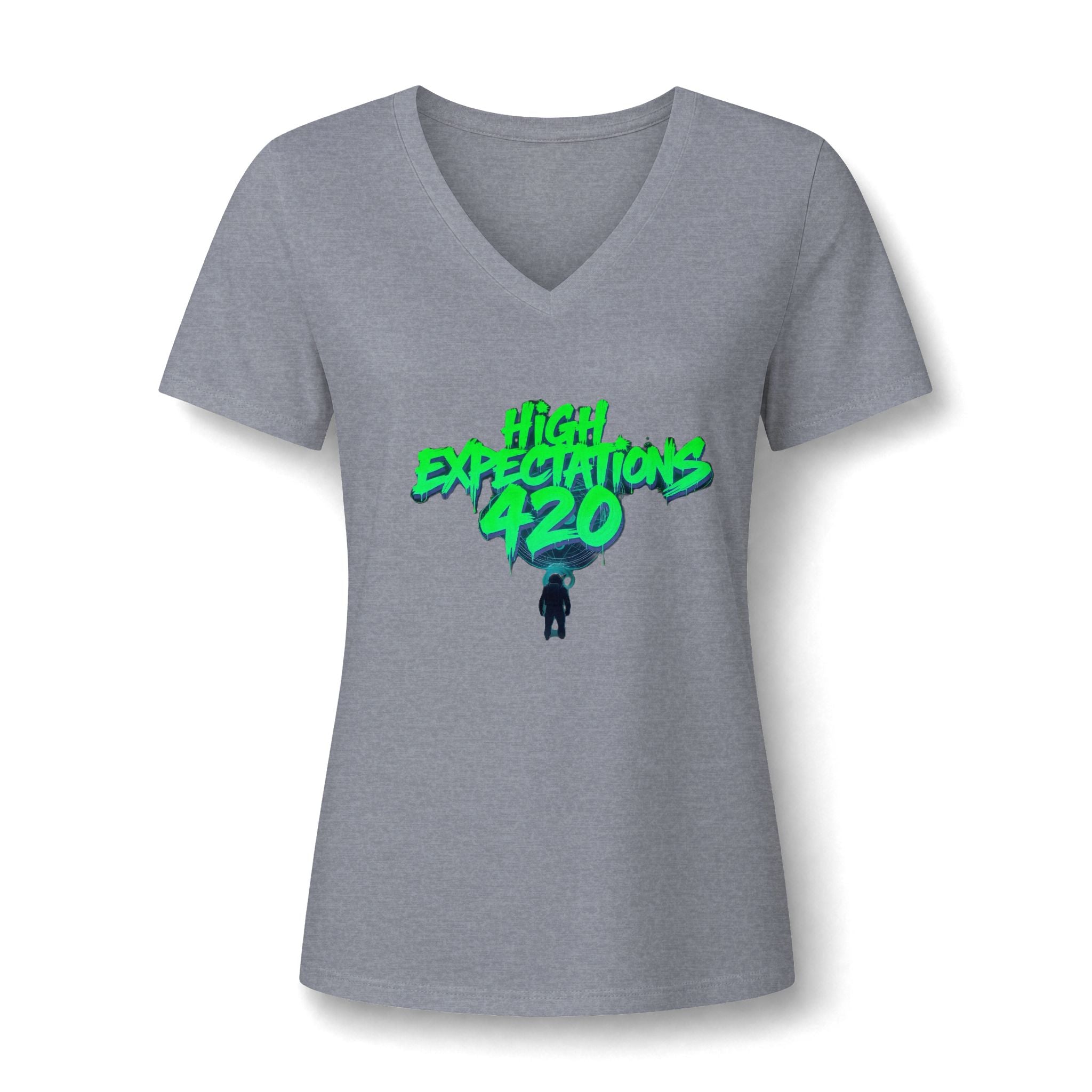 Women's V-Neck Tee — "High Expectations 420" Graphic Shirt