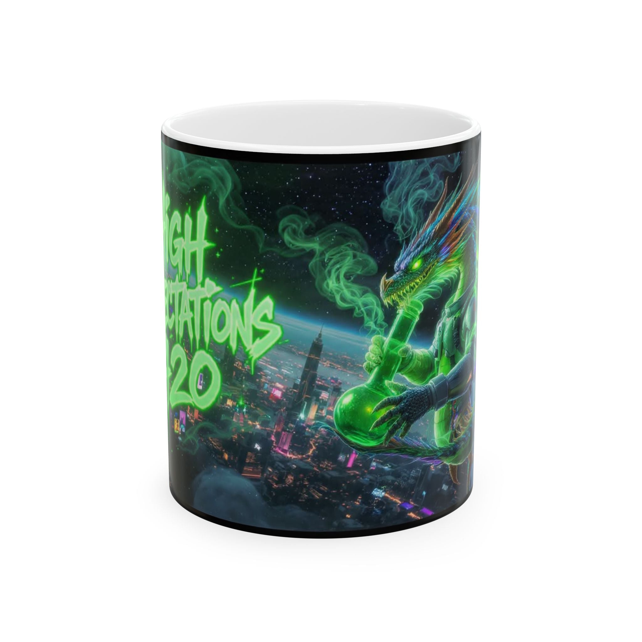Ceramic Mug — Neon Dragon Smoking Bong Cityscape "Night Elevations 2020"