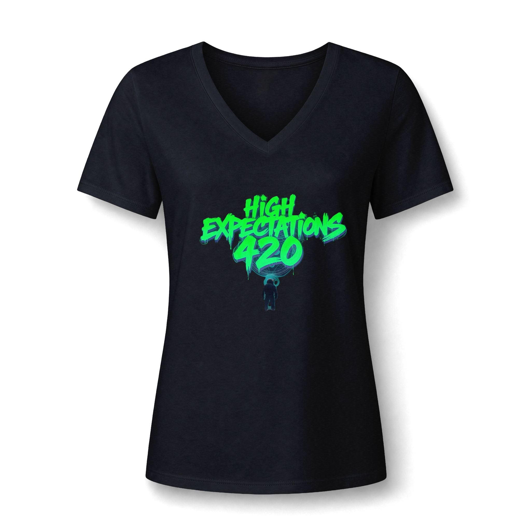 Women's V-Neck Tee — "High Expectations 420" Graphic Shirt