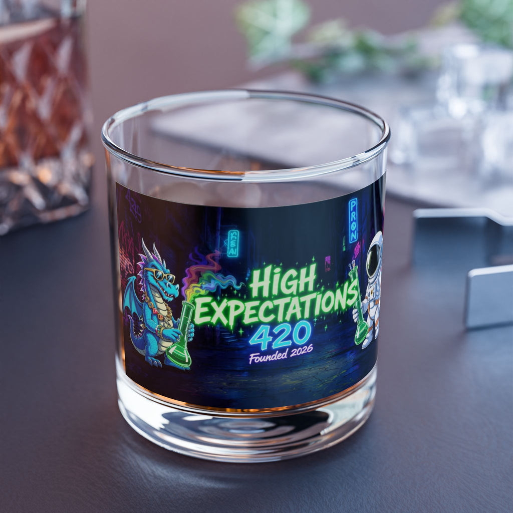 High Expectations 420 Rocks Glass — Neon Dragon Astronaut 10oz